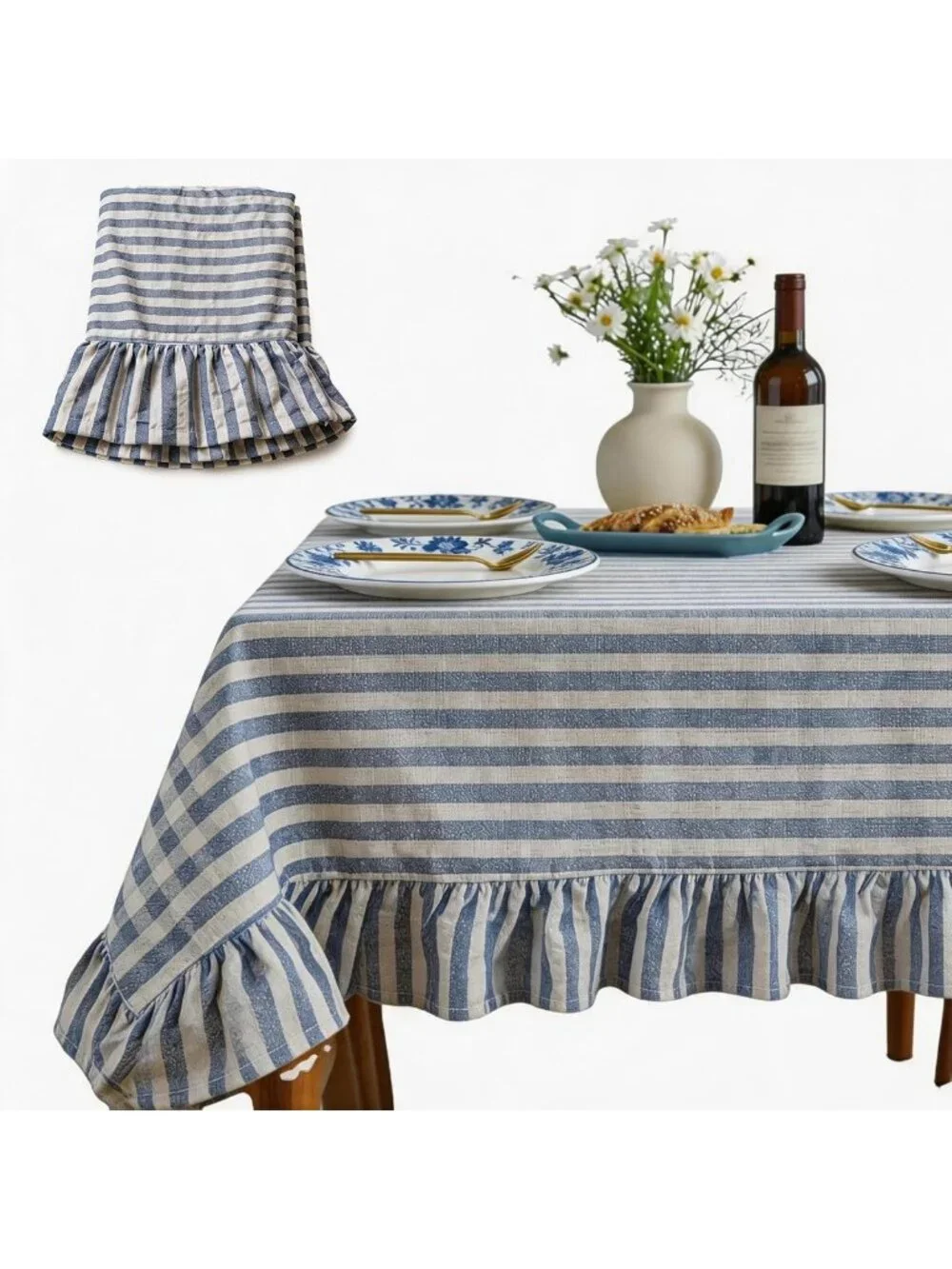 Light Blue Striped Ruffled Tablecloth 60x120 Inch, Gingham Style for Dining
